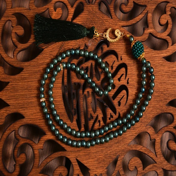 Kutulu Kadife Kuranı Kerim İnci Tesbihli Simli Goblen Seccadeli Yeşil Renk - 3