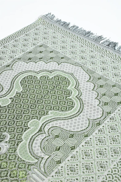 Kutulu Kadife Kuranı Kerim İnci Tesbihli Simli Goblen Seccadeli Yeşil Renk - 6