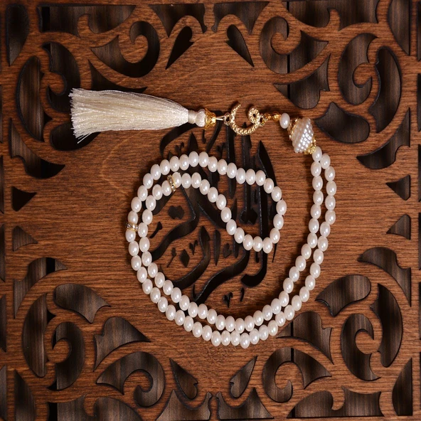 Kutulu Kadife Kuranı Kerim İnci Tesbihli Simli Goblen Seccadeli Beyaz Renk - 2