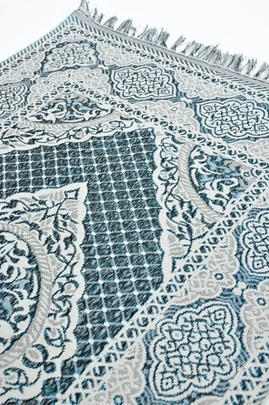 Kadife Kuranı Kerim İnci Tesbihli Simli Goblen Seccadeli Bebe Mavi Renk - 6