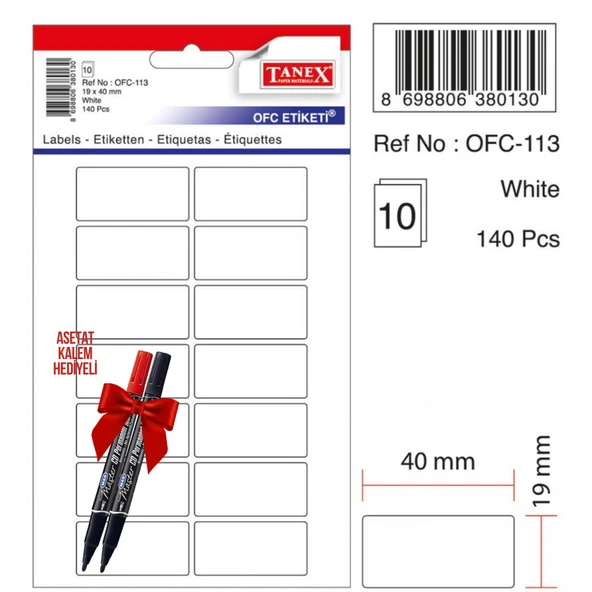Tanex OFC-113 40x19 Mm Beyaz Ofis Etiketi 10 sayfa 2'li Asetat Kalem Hediyeli