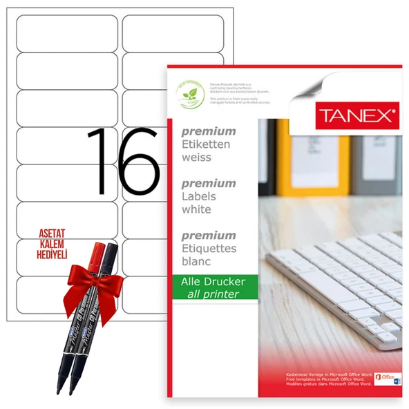 Tanex Tw-2016 99x34 mm Laser Etiket 100 Tabaka 2'li Asetat Kalem Hediyeli