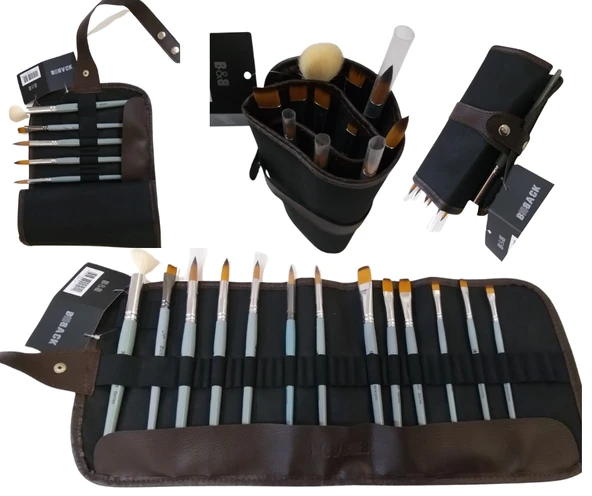 Sanatsal Suni Deri Rolu Kalemlik 36'lı & Brons Yağlı ve Sulu & Akrilik Boya Fırçaları