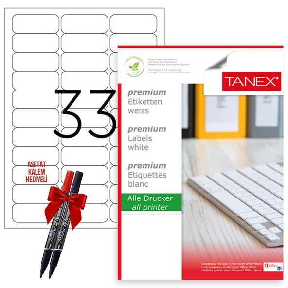 Tanex Tw-2033 63x46 mm Laser Etiket 100 Tabaka 2'li Asetat Kalem Hediyeli