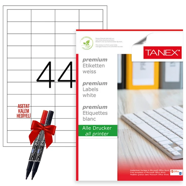 Tanex Tw-2044 48x25 mm Laser Etiket 100 Tabaka 2'li Asetat Kalem Hediyeli ürün görseli 1