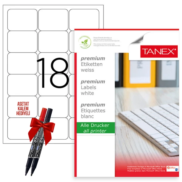 Tanex Tw-2018 63x46 mm Laser Etiket 100 Tabaka 2'li Asetat Kalem Hediyeli
