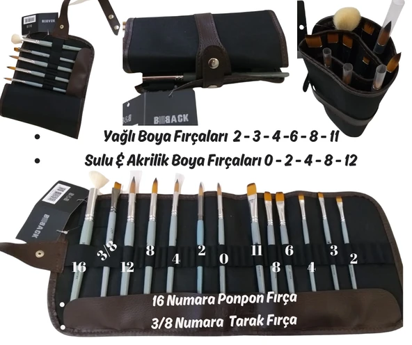 Sanatsal Suni Deri Rolu Kalemlik 36'lı & Brons Yağlı ve Sulu & Akrilik Boya Fırçaları - 2