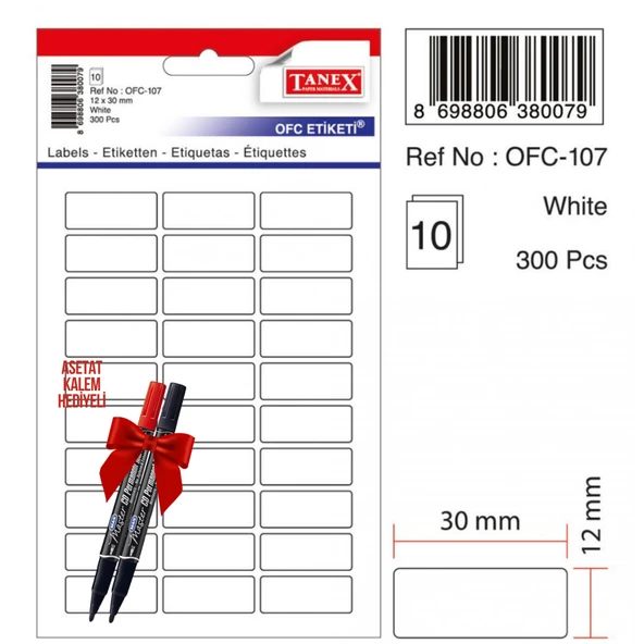Tanex OFC-107 30x12 Mm Beyaz Ofis Etiketi 10 sayfa 2'li Asetat Kalem Hediyeli