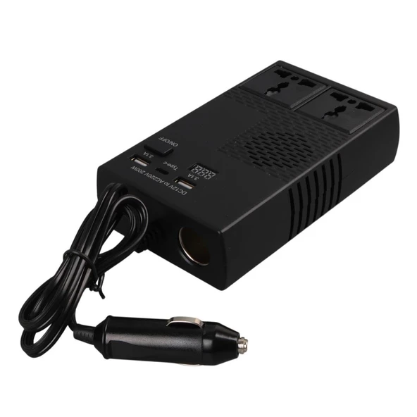 Olesson 1664 DC 12-24V 200W Oto Araç Power İnverter 1X Çakmak Girişi - 1X TYPE-C - 2X USB - 2X 220V Üniversal Priz - 3