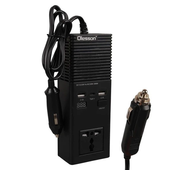 Olesson 1665 DC 12-24V 200W Oto Araç Power İnverter Ek Çakmak Girişi - TYPE-C - Çift USB - 220V Üniversal Priz