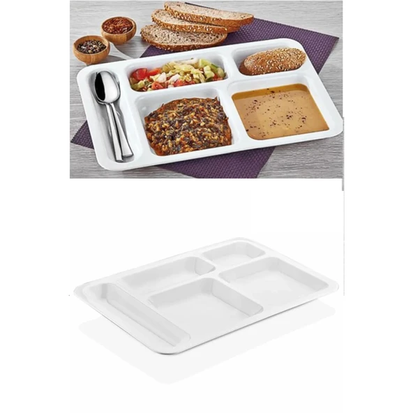10 Adet  5 Bölmeli Kırılmaz Tabldot Tabak Self Servis Yemekhane Okul Lokanta Tabildot (40 cm x28 cm) - 18