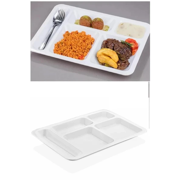 10 Adet  5 Bölmeli Kırılmaz Tabldot Tabak Self Servis Yemekhane Okul Lokanta Tabildot (40 cm x28 cm) - 5