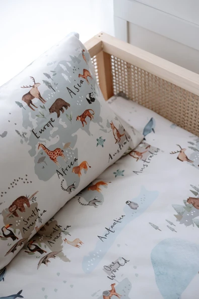 NOU Hayvan Haritası Organik Montessori Nevresim Seti (100x200) - Animal Map - 2