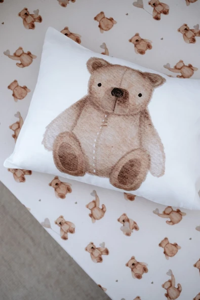 NOU Pofuduk Ayılı Organik Bebek Lastikli Çarşaf Seti (60x120+15)  -  Fluffy Bear - 2