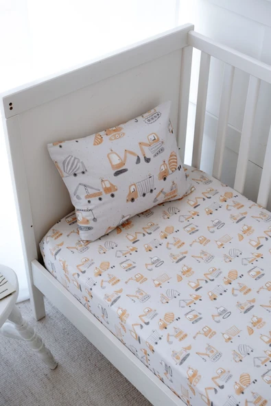 NOU İş Makinalı Organik Tek Kişilik Lastikli Çarşaf Seti (100X200 20) - Truck Attack