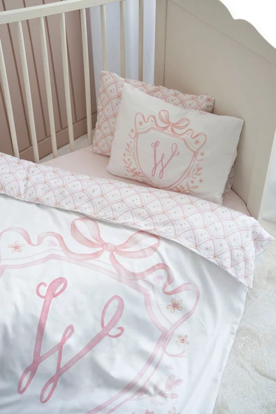 NOU Harf Serisi W Harfi Park Yatak Nevresim Seti ( 80 x120) - Noble Serie Pembe - Resim 2