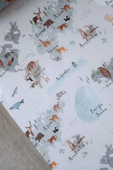 NOU Hayvan Haritası Organik Çarşaflı Bebek Nevresim Seti (100X150 - 35x45 - 60x120) - Animal Map - 5