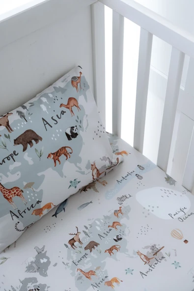 NOU Hayvan Haritası Organik Bebek Lastikli Çarşaf Seti (60x120+15) - 2