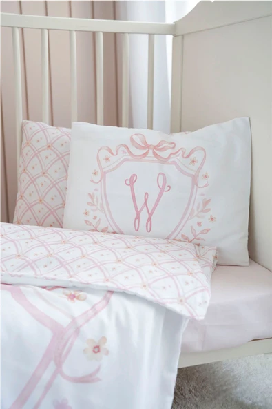 NOU Harf Serisi W Harfi Park Yatak Nevresim Seti ( 80 x120) - Noble Serie Pembe - Resim 4