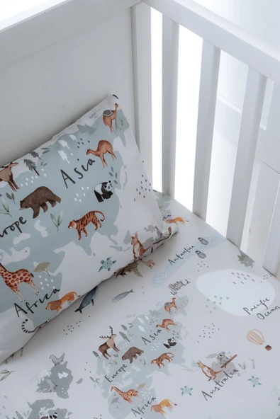 NOU Hayvan Haritası Organik Bebek Lastikli Çarşaf Seti (80X160+15) - Animal Map - 2