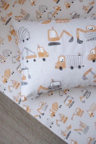 NOU İş Makinalı Organik Bebek Lastikli Çarşaf Seti (70X130+15) - Truck Attack - 2