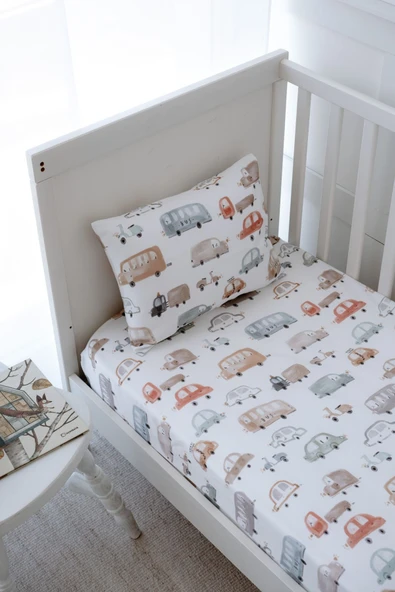 NOU Renkli Araçlı Organik Bebek Lastikli Çarşaf Seti (70X110+15) - Vehicle Attack - 2