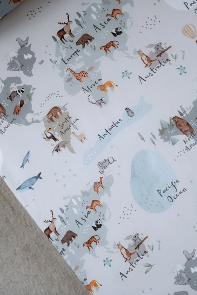 NOU Hayvan Haritası Organik Bebek Lastikli Çarşaf Seti (70X110+15) - Animal Map - 3
