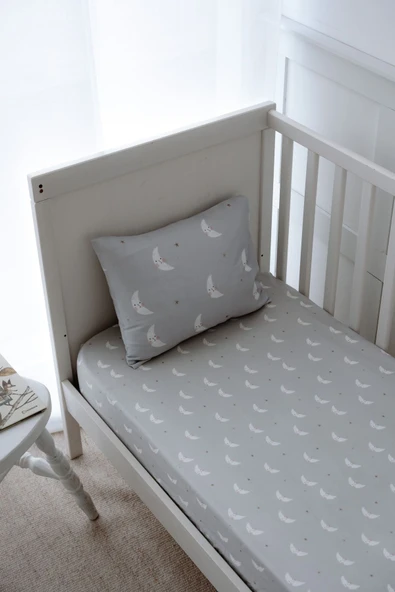 NOU Minik Aylı Organik Bebek Lastikli Çarşaf Seti (60x120+15)  - Mini Moons