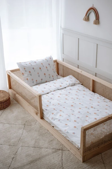 NOU Renkli Laleli Organik Montessori Nevresim Seti (100x200) - Spring Tulip