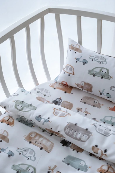 NOU Renkli Araçlı Organik Anne Yanı Nevresim Takımı (60X100) - Cars - Resim 2