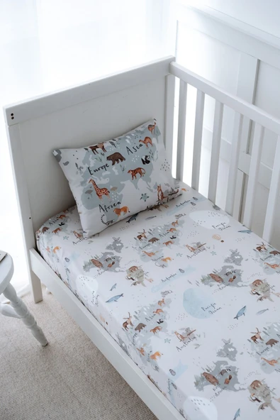 NOU Hayvan Haritası Organik Bebek Lastikli Çarşaf Seti (70X130+15) - Animal Map