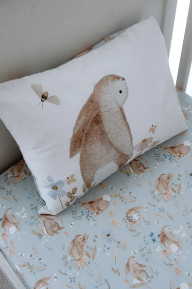 NOU Tavşanlı Organik Bebek Lastikli Çarşaf Seti (60x120+15)  -  Rabbit Garden