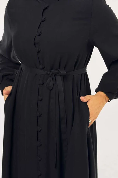 Birit Detaylı Düğmeli Ferace 6043 Siyah - Resim 4