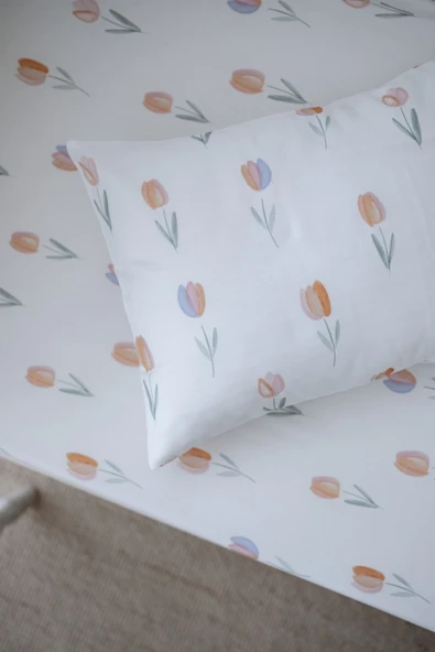 NOU Renkli Laleli Organik Bebek Lastikli Çarşaf Seti (80X140+15) - Spring Tulip - 3