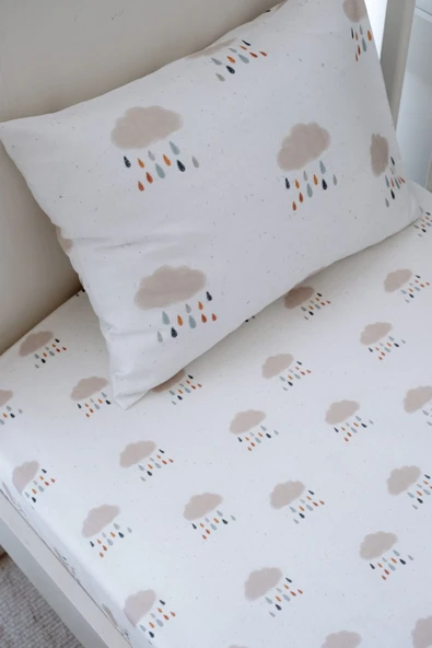 NOU Yağmur Bulutlu Organik Bebek Lastikli Çarşaf Seti (70X110+15) - Rain Clouds