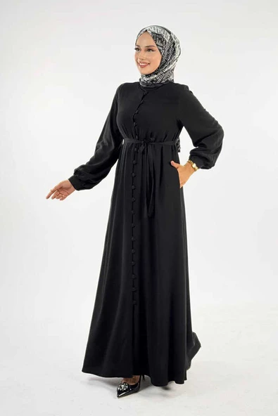 Birit Detaylı Düğmeli Ferace 6043 Siyah - Resim 3