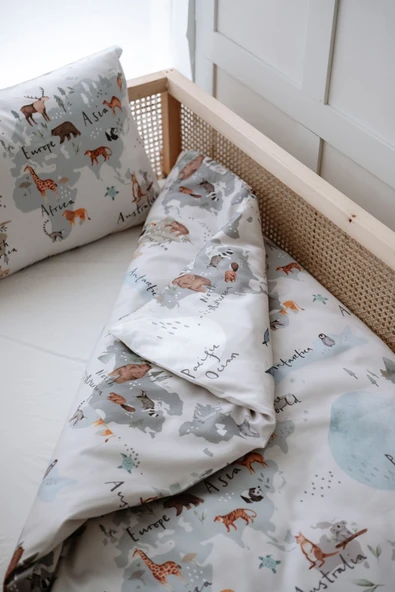 NOU Hayvan Haritası Organik Tek Kişilik Nevresim Takımı (160x220) - Animal Map - 2