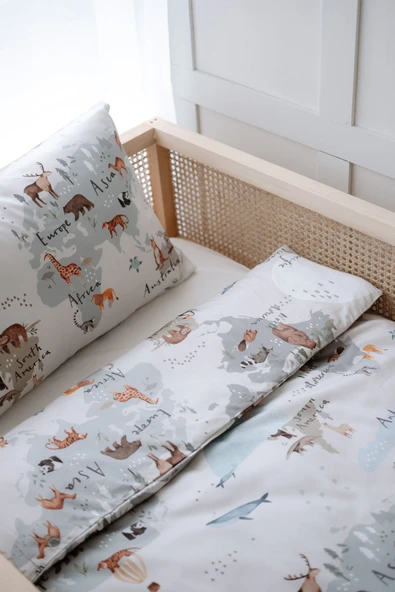 NOU Hayvan Haritası Organik Tek Kişilik Nevresim Takımı (160x220) - Animal Map - 4