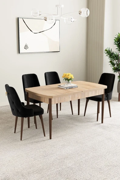 Mabel Meşe Desen 80x132 Açılabilir Yemek Odası Takımı 4 Adet Sandalye Siyah