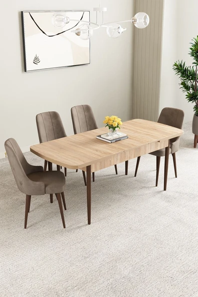 Mabel Meşe Desen 80x132 Açılabilir Mdf Masa Yemek Odası Takımı, Mutfak Takımı 4 Adet Sandalye Cappucino - 2