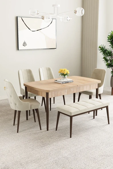 Mabel Meşe Desen 80x132 Açılabilir Yemek Odası Takımı 4 Sandalye, 1 Bench Krem