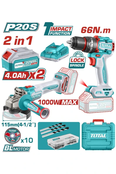 TOTAL AKÜLÜ SET - DARBELİ MATKAP ve AKÜLÜ TAŞLAMA 2x4 AH AKÜ TCKLI20273E ürün görseli