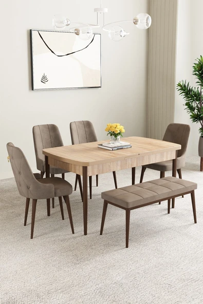 Mabel Meşe Desen 80x132 Açılabilir Yemek Odası Takımı 4 Sandalye, 1 Bench Cappucino