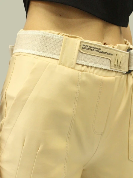 Kadın Bej Suni Deri Pantolon - Yüksek Bel, Cepli, Likralı ve Deri Görünümlü Pantolon Tayt - Resim 3