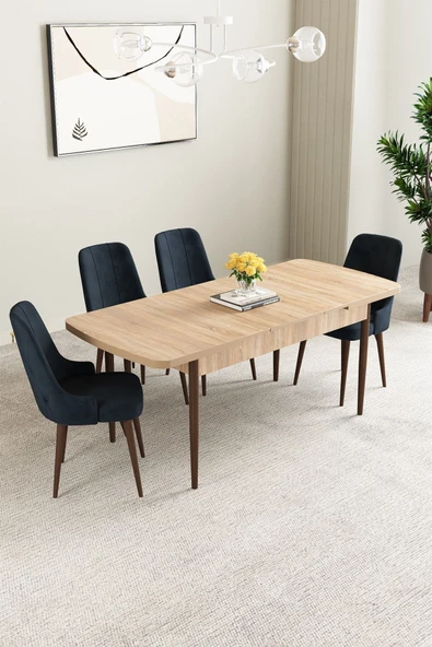 Mabel Meşe Desen 80x132 Açılabilir Mdf Masa Yemek Odası Takımı, Mutfak Takımı 4 Adet Sandalye Antrasit - 2