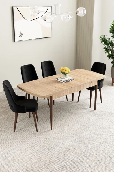 Mabel Meşe Desen 80x132 Açılabilir Yemek Odası Takımı 4 Adet Sandalye Siyah - 2