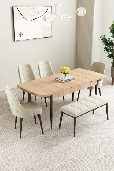 Mabel Meşe Desen 80x132 Açılabilir Yemek Odası Takımı 4 Sandalye, 1 Bench Krem - 2