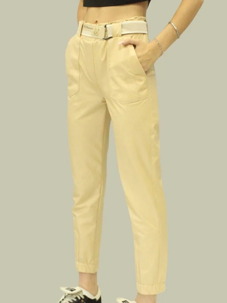 Kadın Bej Suni Deri Pantolon - Yüksek Bel, Cepli, Likralı ve Deri Görünümlü Pantolon Tayt - Resim 2