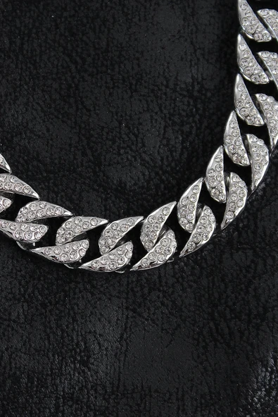 CEYLAN ADAM Pirinç Zirkon Taşlı Cuba Gurmet Model Gümüş Renk Erkek Kolye - 2