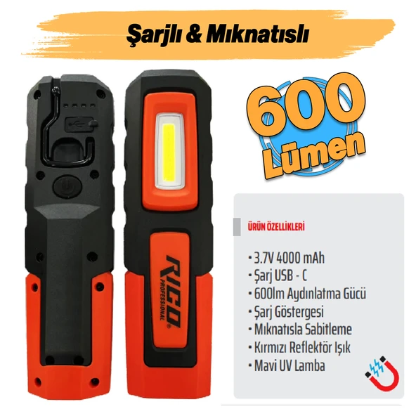 Mıknatıslı Şarjlı Ledli El Feneri 600 Lümen Lambası Spor Kamp Fener SOS & UV Mavi Işık Oto Tamir ürün görseli